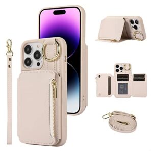 nunwiza for iphone 13 pro max case wallet with card holder shoulder hand straps, crossbody leather zipper handbag purse flip case compatible with iphone 13 pro max 6.7 inch beige