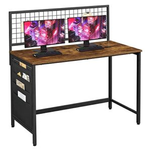 iululu computer desk 47-inch home office writing table with grid board, modern simple study workstation, stable metal frame, easy assembly, rustic brown + black