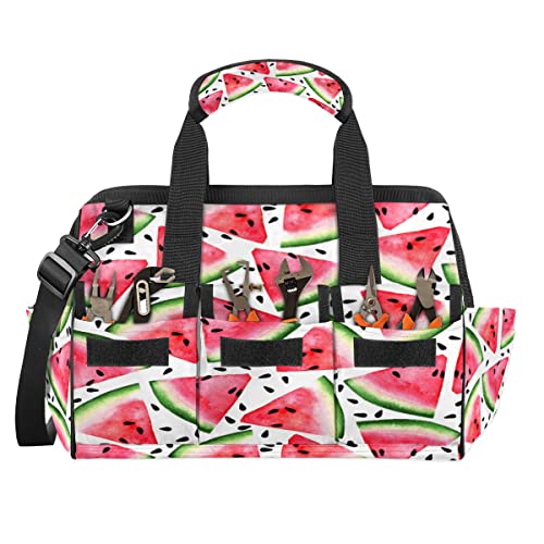 Red Pink Watermelon Tool Bag for Men Women Heavy Duty Multi-Pockets Wide Mouth Tool Tote Waterproof Tool Bag Organizer with Adjustable Shoulder Strap