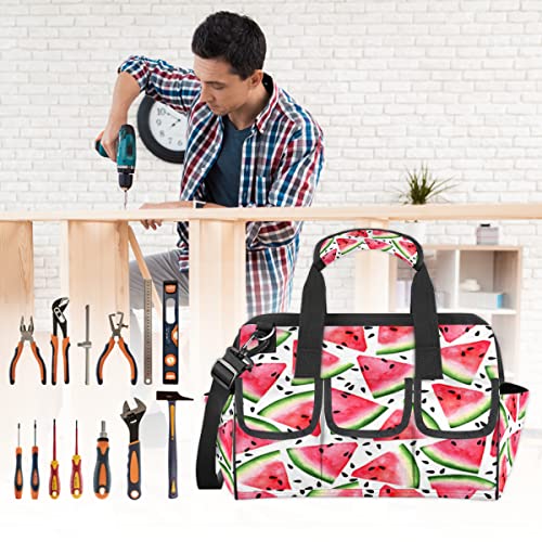 Red Pink Watermelon Tool Bag for Men Women Heavy Duty Multi-Pockets Wide Mouth Tool Tote Waterproof Tool Bag Organizer with Adjustable Shoulder Strap