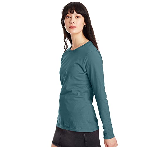 Hanes Women's Originals Long Sleeve Cotton T-Shirt, Lightweight Crewneck Tee, Modern Fit, Cactus, Large