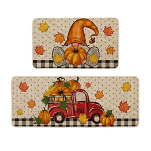 artoid mode polka dot gnome truck pumpkin fall kitchen mats set of 2, maple leaf home decor low-profile kitchen rugs for floor - 17x29 and 17x47 inch