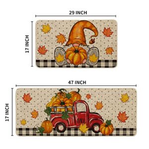 Artoid Mode Polka Dot Gnome Truck Pumpkin Fall Kitchen Mats Set of 2, Maple Leaf Home Decor Low-Profile Kitchen Rugs for Floor - 17x29 and 17x47 Inch