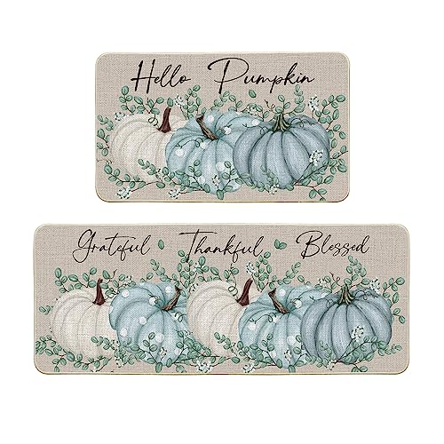 Artoid Mode Hello Pumpkin Eucalyptus Fall Kitchen Mats Set of 2, Thanksgiving Home Decor Low-Profile Kitchen Rugs for Floor - 17x29 and 17x47 Inch