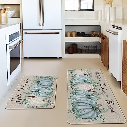 Artoid Mode Hello Pumpkin Eucalyptus Fall Kitchen Mats Set of 2, Thanksgiving Home Decor Low-Profile Kitchen Rugs for Floor - 17x29 and 17x47 Inch