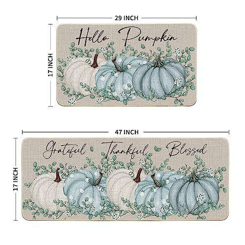 Artoid Mode Hello Pumpkin Eucalyptus Fall Kitchen Mats Set of 2, Thanksgiving Home Decor Low-Profile Kitchen Rugs for Floor - 17x29 and 17x47 Inch