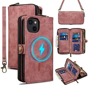 rssviss for iphone 13 case wallet cover for women men, 《rfid blocking》《magsafe》credit card holder leather strap zipper wristlet flip iphone 13 case with magnetic shockproof 6.1" vintage pink