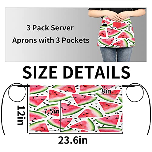 Tavisto Red Pink Watermelon 3 Pack Server Aprons for Women with 3 Pockets Funny Oil-proof Server Apron Cute Waist Half Short Apron with Extra Long Straps for Kitchen Restaurant Server