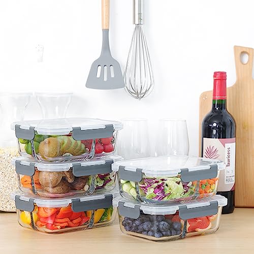 Moretoes 5pcs 35oz Glass Food Storage Containers 3 Compartments Portion Control with Upgraded Snap Locking Lids, Meal Prep Glass Airtight Leakproof Set, Safe Home Container Suitable for Freezer, Ovens