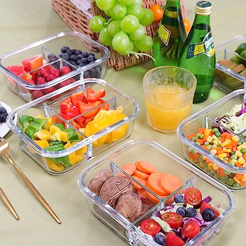 Moretoes 5pcs 35oz Glass Food Storage Containers 3 Compartments Portion Control with Upgraded Snap Locking Lids, Meal Prep Glass Airtight Leakproof Set, Safe Home Container Suitable for Freezer, Ovens