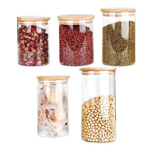 izejazt glass jars with bamboo lids. 5 pc set of air tight sealable containers. food jar canisters with airtight lid for pantry storage and kitchen organization.