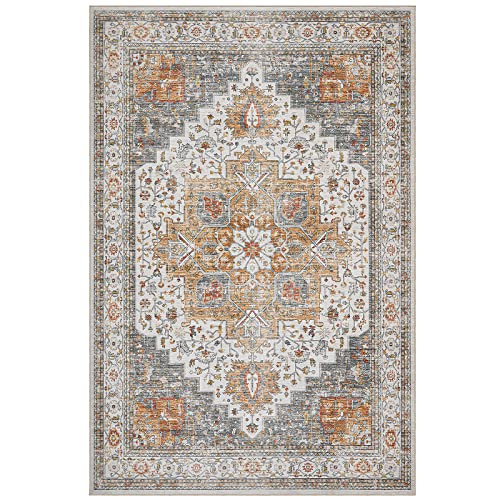 Area Rugs for Living Room: 8x10 Rug for Bedroom Machine Washable with Non Slip Backing Non Shedding, Boho Medallion Floral Large Carpet for Dining Room Nursery Home Office Indoor Decoration Grey/Gold