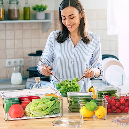 Moretoes Fridge Organizer, 5pcs, Clear Refrigerator Organizer with Lid, Bins Set, Stackable, BPA-Free, Fruit Storage Containers, Plastic Pantry Organizer and Storage