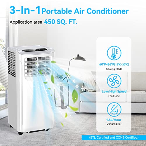 Portable Air Conditioners, 10000 BTU Portable AC Uint with Dehumidifier & Fan Mode for Room up to 450 Sq.Ft, 3-in-1 Room Air Conditioner with Remote, 24Hrs Timer, Installation Kit for Home Office