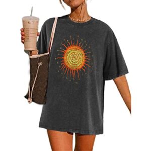 Wrenpies Vintage Oversized Sun Aesthetic Graphic Tees Distressed Band T Shirts for Women Boyfriend Baggy Casual Shirt Tops (Black,XL,X-Large)