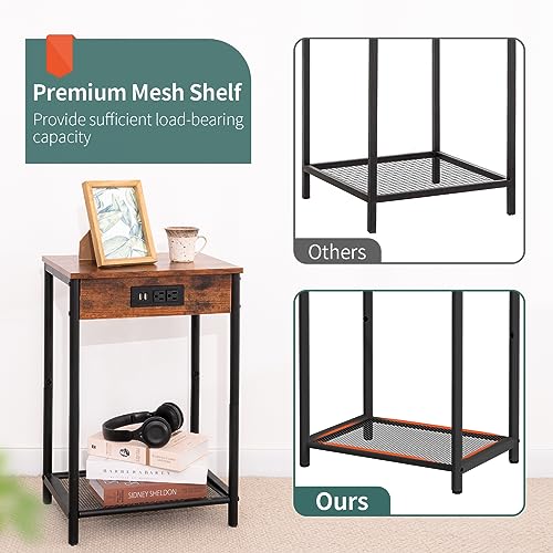 Yoobure Side Table with Charging Station, End Tables Living Room Set of 2, Industrial 2 Tier Nightstand with USB Ports, Rustic Narrow Bedside Table with Storage Shelf for Bedroom, Office, Small Spaces