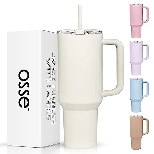 osse 40oz Tumbler with Handle and Straw Lid | Double Wall Vacuum Reusable Stainless Steel Insulated Water Bottle Travel Mug Cup | Modern Insulated Tumblers Cupholder Friendly (Cream)