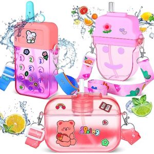 honeydak 3 pcs cute water bottles with straws camera ice cream bar watermelon adjustable strap plastic water bottle for school kids (novel style,pink)