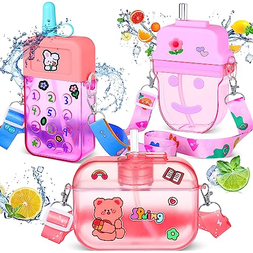 Honeydak 3 Pcs Cute Water Bottles with Straws Camera Ice Cream Bar Watermelon Adjustable Strap Plastic Water Bottle for School Kids (Novel Style,Pink)