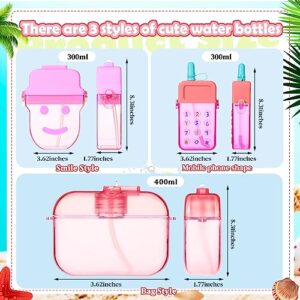 Honeydak 3 Pcs Cute Water Bottles with Straws Camera Ice Cream Bar Watermelon Adjustable Strap Plastic Water Bottle for School Kids (Novel Style,Pink)