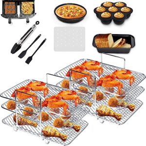 air fryer accessories compatible with ninja tower af300uk af400uk most 7.6l-9.5l dual air fryers, 9pcs including racks, 100pcs paper liners, pizza pan, cake and egg mold etc