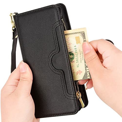 EAXER for Samsung Galaxy Z Fold 4 5G Case, Full Coverage Protection Matt Leather Zipper Wallet Case Cover with Crossbody Strap (Black)