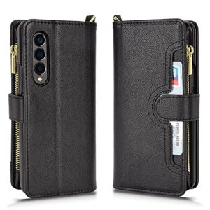 eaxer for samsung galaxy z fold 4 5g case, full coverage protection matt leather zipper wallet case cover with crossbody strap (black)