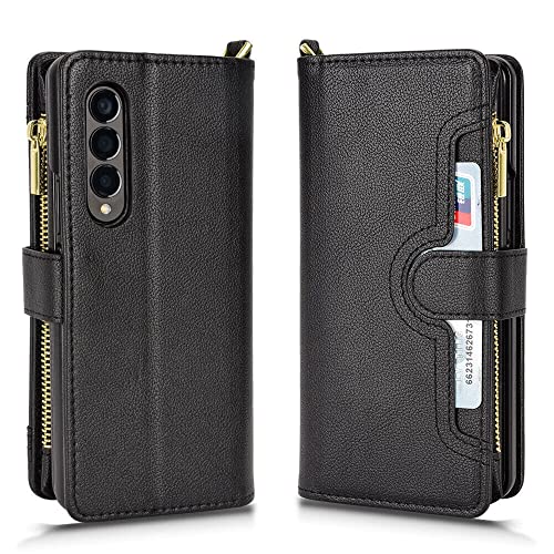 EAXER for Samsung Galaxy Z Fold 4 5G Case, Full Coverage Protection Matt Leather Zipper Wallet Case Cover with Crossbody Strap (Black)