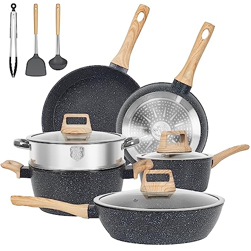 SODAY Pots and Pans Set, Nonstick Kitchen Cookware Sets, 12 Pcs Induction Cookware Granite Cooking Set with PFOS & PFOA Free Frying Pans, Saucepans, Steamer Silicone Shovel Spoon & Tongs (Black)