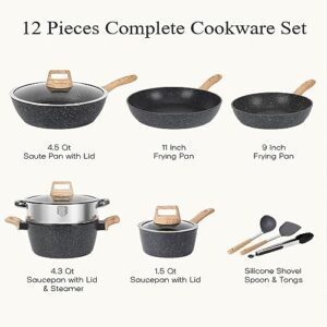 SODAY Pots and Pans Set, Nonstick Kitchen Cookware Sets, 12 Pcs Induction Cookware Granite Cooking Set with PFOS & PFOA Free Frying Pans, Saucepans, Steamer Silicone Shovel Spoon & Tongs (Black)