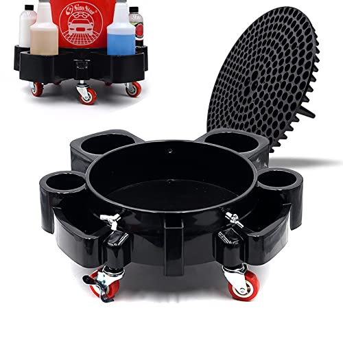 Bucket Dolly w/Grit Trap,5 Gallon Rolling Removable Bucket Dolly with 5 Rolling Swivel Casters for Car Washing Detailing Smoother Maneuvering (Black)