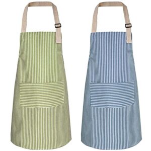 atropos 2 pack aprons for women with pockets,waterproof cooking aprons for women,adjustable bib apron chef aprons painting apron for kitchen,cooking,baking,bbq,cleaning,painting（green/blue stripes）
