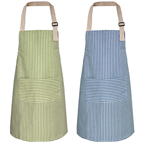 ATROPOS 2 Pack Aprons for Women with Pockets,Waterproof Cooking Aprons for Women,Adjustable Bib Apron Chef Aprons Painting Apron for Kitchen,Cooking,Baking,BBQ,Cleaning,Painting（Green/Blue Stripes）