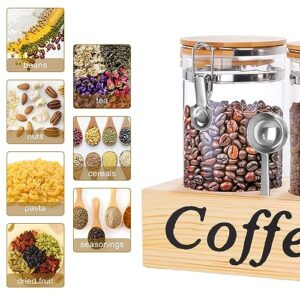 3 PCS Coffee Container for Ground Coffee with Scoop Wood Station, Glass Coffee Bean Canister Organizer with Airtight Lids, Coffee Storage Canister Jar for Sugar Tea