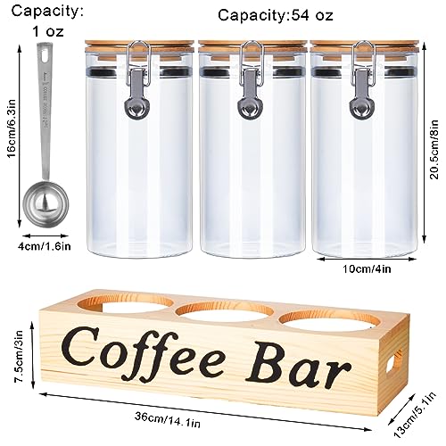 3 PCS Coffee Container for Ground Coffee with Scoop Wood Station, Glass Coffee Bean Canister Organizer with Airtight Lids, Coffee Storage Canister Jar for Sugar Tea
