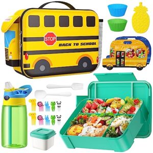 time4deals lunch box for kid boy girl, 6 compartments lunch container with tableware lunch bag set, 1330ml ideal portion sizes bento box, reusable meal and snack packing leakproof (yellow school bus)