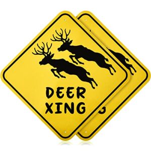 therwen 2 pcs deer xing crossing sign 12 x 12 inch animal deer road sign aluminum reflective black on yellow metal sign weatherproof rust fade resistant easy mounting for outdoor use