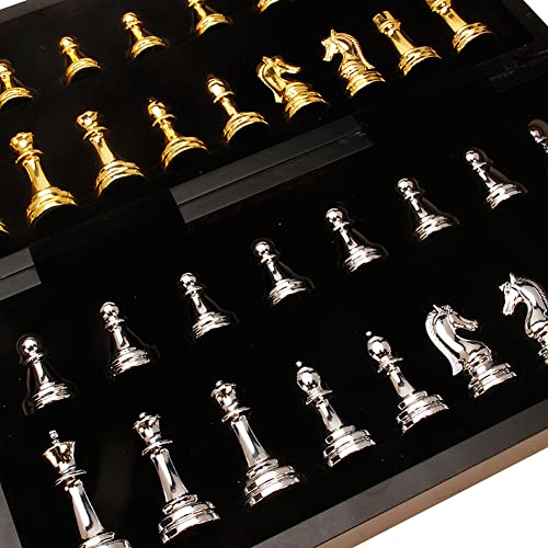 Chess Set, Large Metal Deluxe Travel Chess Set Adult Board Game with Alloy Pieces & Portable Folding Wooden Chess Board, Creative Gift