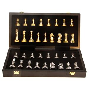 Chess Set, Large Metal Deluxe Travel Chess Set Adult Board Game with Alloy Pieces & Portable Folding Wooden Chess Board, Creative Gift