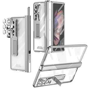 eaxer for samsung galaxy z fold 3 case, full coverage protection plating hinge stand with s-pen anti-drop case cover (silver)