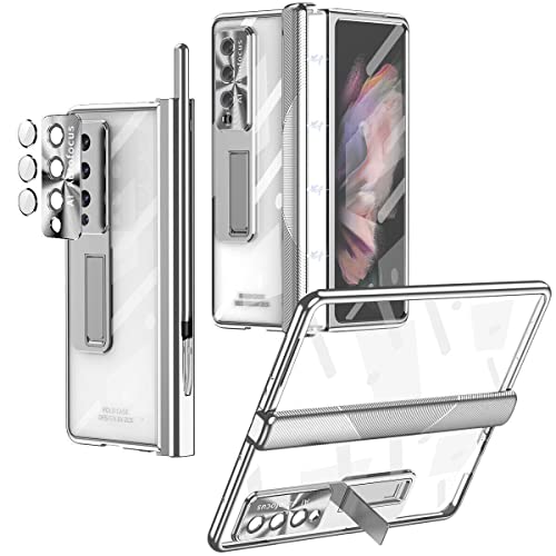 EAXER for Samsung Galaxy Z Fold 3 Case, Full Coverage Protection Plating Hinge Stand with S-Pen Anti-Drop Case Cover (Silver)