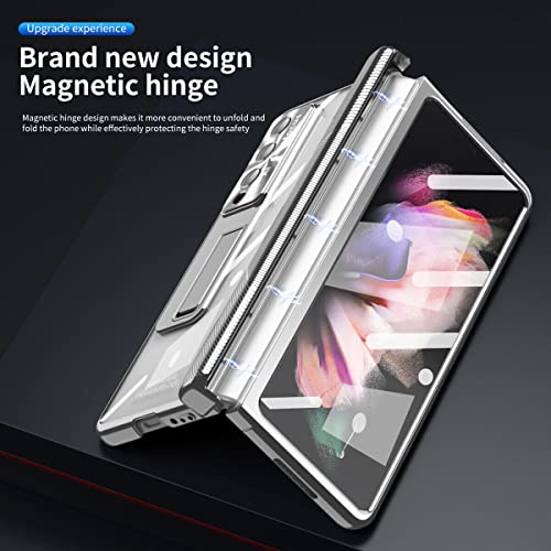 EAXER for Samsung Galaxy Z Fold 3 Case, Full Coverage Protection Plating Hinge Stand with S-Pen Anti-Drop Case Cover (Silver)