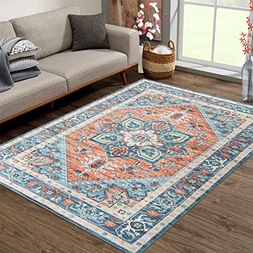 GAOMON Area Rug 8x10 Persian Rug Indoor Floor Cover Vintage Distressed Low-Pile Non-Shedding Area Rug Non-Slip Backing Rug for Bedroom Laundry Room, Blue/Orange, 8'x10'