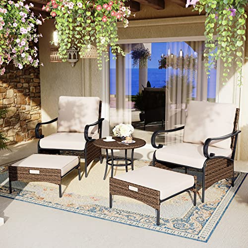 MFSTUDIO 5 Pieces Wicker Patio Furniture Set, 2 x Chair, 2 x Ottoman, 1 x Side Table, Outdoor Conversation Sets for Balcony Porch Garden