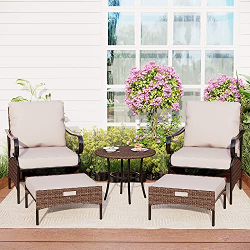 MFSTUDIO 5 Pieces Wicker Patio Furniture Set, 2 x Chair, 2 x Ottoman, 1 x Side Table, Outdoor Conversation Sets for Balcony Porch Garden