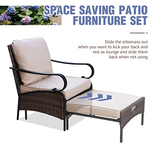 MFSTUDIO 5 Pieces Wicker Patio Furniture Set, 2 x Chair, 2 x Ottoman, 1 x Side Table, Outdoor Conversation Sets for Balcony Porch Garden