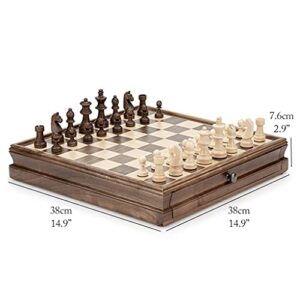 THPT Walnut Wood Chess Set Chess and Checkers Set with Chess Pieces Storage Slots Chess Board Game for Kids Gift Board Games
