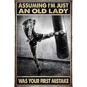retro signs vintage toilet assuming i'm just an old lady was your first mistake boxing girl metal framed matted poster art vintage hotel decorations signs metal plaques bathroom wall decor 8x12inch
