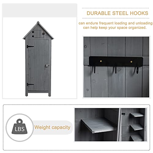 RITSU Outdoor Storage Cabinet Tool Wooden Shed for Storing Mower Hose, Backyard Garden Shed for Tools, Spacious Space Waterproof Roof Bin Outside Furniture, 31" x 21" x 71" H, Gray