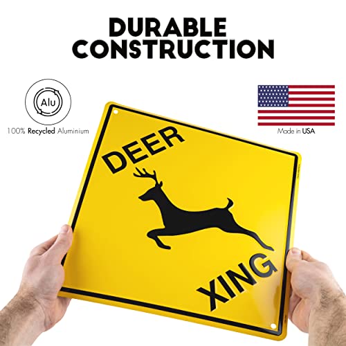 Tags America Deer Crossing Sign - 12"x12" Deer Xing Street Signs for Roads, Backyard, Sideway, Embossed, Rust-Free, Weather-Proof Hanging Deer Sign for Animal Lovers